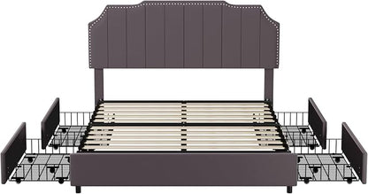 VECELO Queen Velvet Upholstered Platform Bed Frame with 4 Rollers Storage Drawers,Queen Size Bed with Tufted Height Adjustable Headboard,Wooden Slats/No Box Spring Needed/Easy Assembly