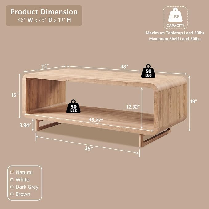 IFGET 48" Modern Coffee Table, 2-Tier Minimalist Center Table with Storage Shelf, Curved Profile Design, Wooden Rectangular Living Room Table w/Wood Thick Design for Living Room, Office, Natural Oak
