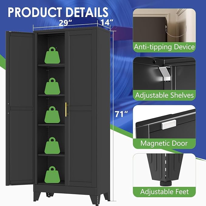 71" Metal Garage Storage Cabinet with 2 Doors, 4 Adjustable Shelves | Metal Storage Cabinets,Steel Tool Cabinets for Home Office,Garage,Warehouse (Black, 71''H x 29''W x 14''D)