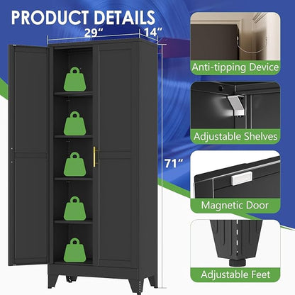 71" Metal Garage Storage Cabinet with 2 Doors, 4 Adjustable Shelves | Metal Storage Cabinets,Steel Tool Cabinets for Home Office,Garage,Warehouse (Black, 71''H x 29''W x 14''D)