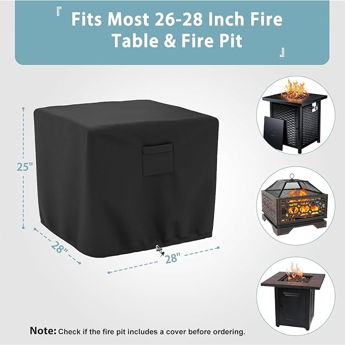 SHINESTAR Fire Pit Cover Square, Fits for 26-28 Inch Fire Pit Table, 600D Heavy Duty Fabric, Waterproof and Windproof, 28 x 28 x 25 Inches, Black
