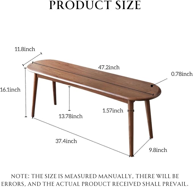 100% Solid Oak Dining Bench, Wood Bench for End of Bed with Rounded Corners, Entryway Benches for Farmhouse, Kitchen, Living Room(Walnut,12" L x 47.2" W x 16.2" H)