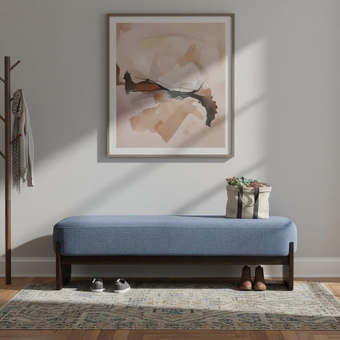 Virubi Elegant Upholstered Loop Yarn Ottoman, Blue End of Bed Entryway Benches, Corner Dining Bench Shoe Stool for Indoor Bedroom Living Dining Room (Blue)