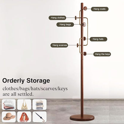 Wooden Coat Rack Freestanding, Hall Tree Hanger With Resin Hooks, Adjustable Heavy Duty Coat Rack for Hanging Clothes Bags Hats in Living Room Bedroom (coat rack, Luxury Hook)