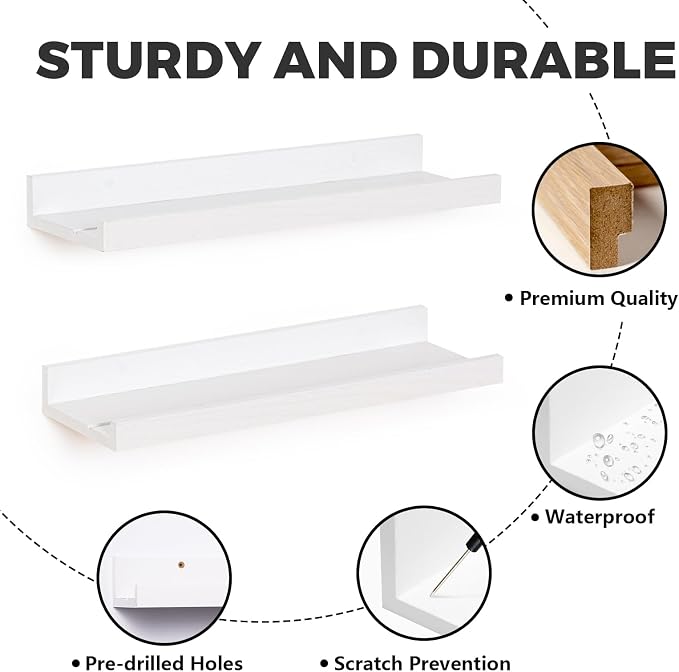 Muzilife 16" Floating Wall Ledge Shelves with Lip - Set of 2 Wood Floating Shelves - Widened White Wall Mounted Picture Ledge for Office, Bathroom, Bedroom, Living Room, Kitchen