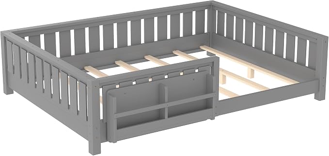 Bellemave Queen Size Floor Bed with high Rails and with Built-in Bookshelf for Kids, Girls, Boys, Wood Montessori Floor Bed Without Door, Gray