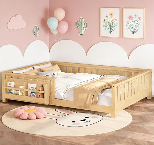 Bellemave Queen Size Floor Bed with high Rails and with Built-in Bookshelf for Kids, Girls, Boys, Wood Montessori Floor Bed Without Door, Light Natural