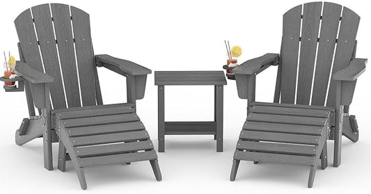Garvee Folding Adirondack Chair Set of 5, HDPE Outdoor Patio Chair with Cup Holder, All Weather Resistent Wooden Textured for patios, Decks, Gardens, fire Pit, Grey
