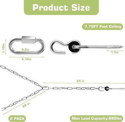 7.75FT Heavy Duty Porch Swing Chain Kit, 304 Stainless Steel, 800lbs Weight Capacity, Zinc-Plated Hanging Set for Patio Swings, Benches, Playgrounds, Porches, 2 Pack