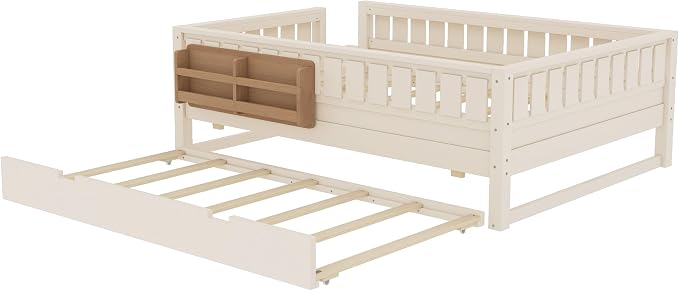 Bellemave Full Kids Montessori Bed with Stairs, Bookshelf and Trundle, Solid Wood Kids Bed Frame with Storage for Boys Girls, Low Profile,Beige