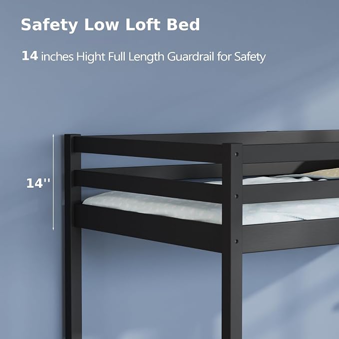 VINGLI 47'' Tall Junior Low Loft Bed with Stairs, Wood Loft Bed Twin Size for Adults, Kids and Young Teens, No Box Spring Required,Wood Slat Support, Black