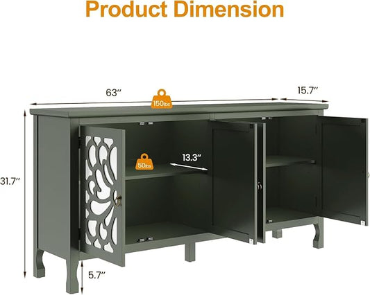 RoyalCraft 63'' Buffet Cabinet with Mirror Butterfly Carved Door, Sideboard Cabinet with Adjustable Shelves, Vintage Accent Credenza Media Console for Entryway, Kitchen, Forest Green
