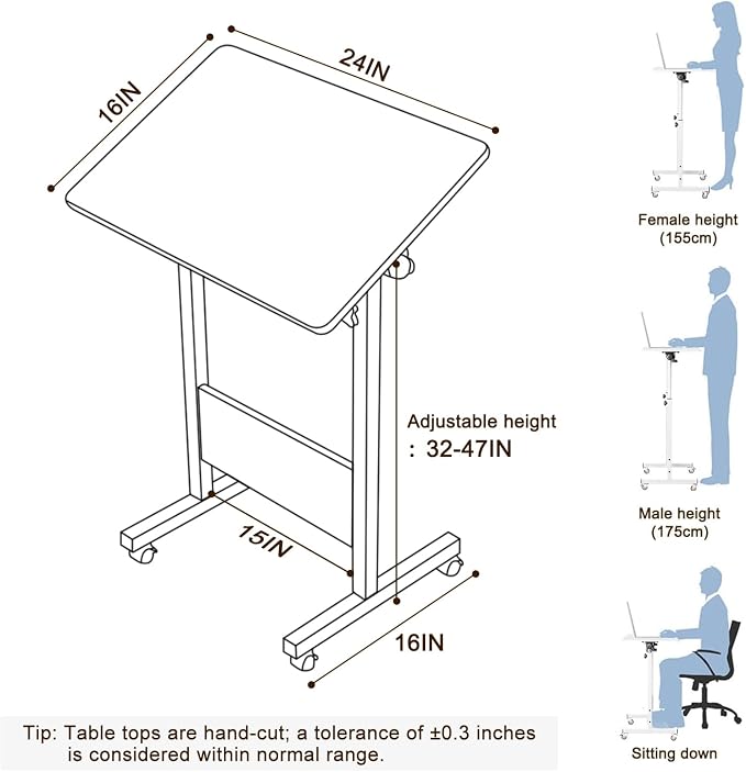 KOUPA Adjustable Height Standing Desk, 24 in Writable Tempered Glass Desktop with Eraser, 360° Flip, Wheels – Ideal for Small Spaces and Home Offices, White(Adjustable Height: 32-47 in)