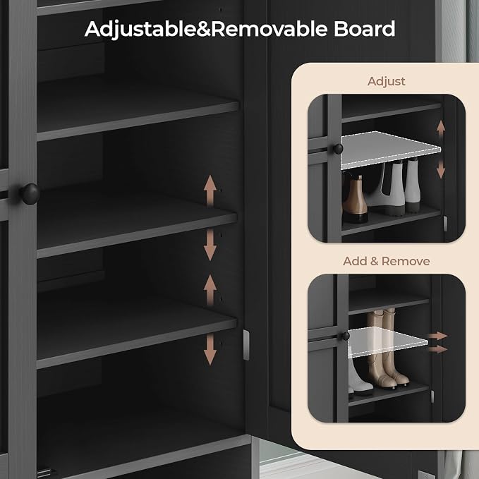 Shoe Storage Cabinet with 2 Doors, 6-Tier Shoe Cabinet with 3 Adjustable Shelves and Metal Legs, 45'' Tall Shoe Rack Organizer Cabinet for Entryway, Front Door, Black