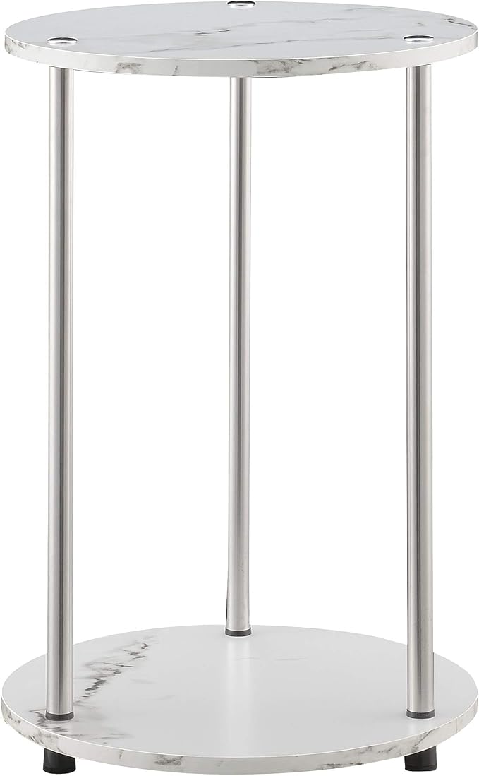 Convenience Concepts Designs2Go No Tools 2-Tier Round End Table, Faux White Marble/Chrome