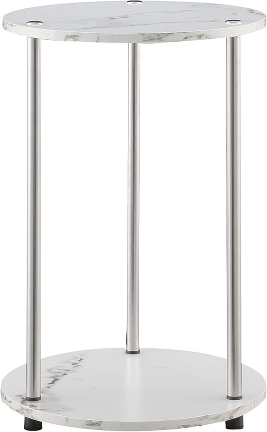 Convenience Concepts Designs2Go No Tools 2-Tier Round End Table, Faux White Marble/Chrome