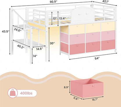 VIAGDO Low Loft Bed Twin Size with 9 Storage Drawers and LED Lights, Metal Twin Loft Bed with Stairway Shelf Storage, Low Loft Bed with Safety Guardrail and Under-Bed Hideaway for Kids, White