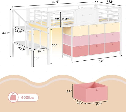 VIAGDO Low Loft Bed Twin Size with 9 Storage Drawers and LED Lights, Metal Twin Loft Bed with Stairway Shelf Storage, Low Loft Bed with Safety Guardrail and Under-Bed Hideaway for Kids, White