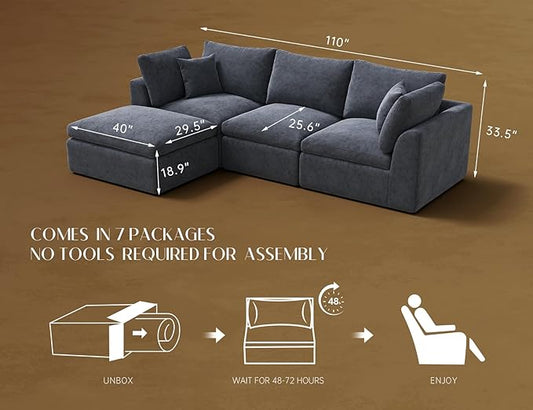 ohllob 110 Inch Cloud Sectional Couches for Living Room, Convertible L Shaped Couch with Ottoman, 3 Seater Modular Sectional Sofa, Grey
