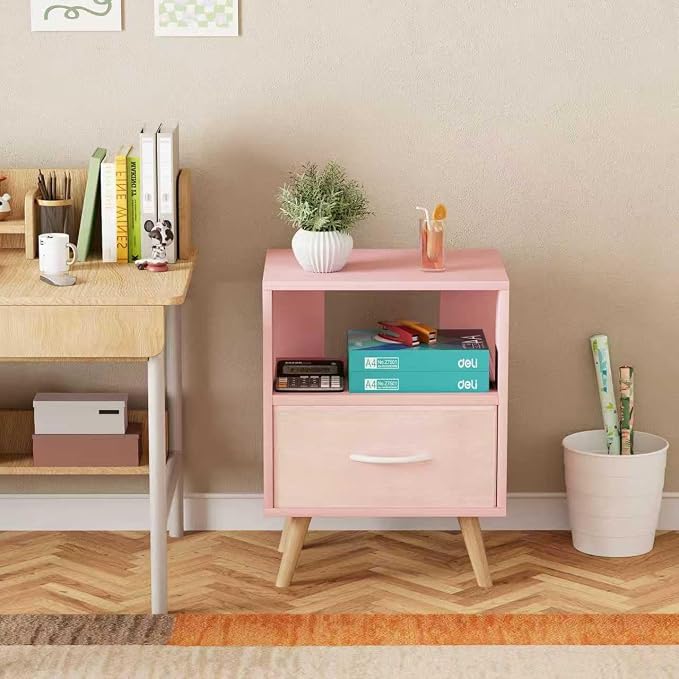 Huhote Kids Nightstand, 2-Tier Night Stand with Drawer, Modern Side Table for Bedroom, Study Room Small Spaces, Pink