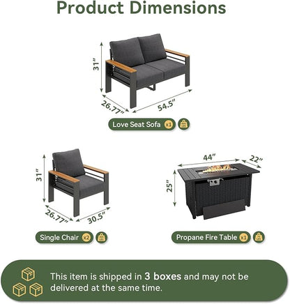 Aoxun Patio Furniture Set, Aluminum Patio Set with Fire Pit Table and 5" Thicken & Washable Cushion, Waterproof Outdoor Furniture, Outdoor Couch Sectional for Backyard (4 Seats/F, Dark Grey)