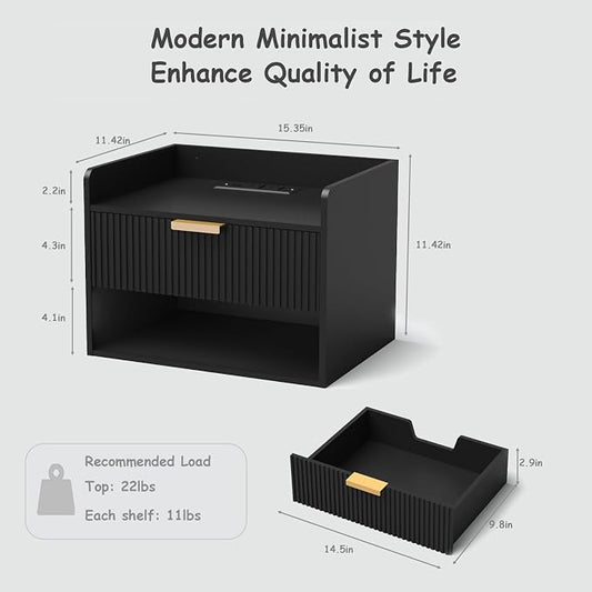 Arbuxzuy Floating Nightstand with Charging Station, Modern Wall Mounted Bedside Table with Drawer & Open Shelf, Minimalist Wooden Night Stand for Bedroom (Black)