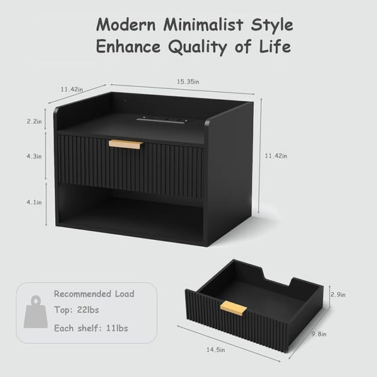 Arbuxzuy Floating Nightstand Set of 2, Wall Mounted Nightstand with Charging Station, Floating Bedside Table with Drawer, Minimalist Wooden Floating Night Stand for Bedroom (Black)