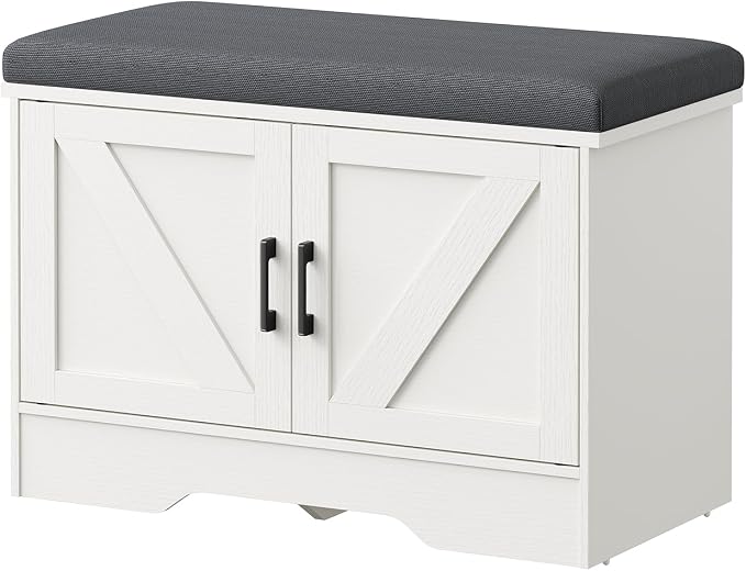 DUMOS 28 Inch Storage Bench, Shoe Organizer Cabinet with Thickened Padded Seat Cushion, Entryway Bench with 2 Doors & Adjustable Shelf for Hallway, Bedroom, Living Room, White