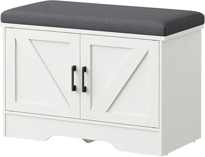 DUMOS 28 Inch Storage Bench, Shoe Organizer Cabinet with Thickened Padded Seat Cushion, Entryway Bench with 2 Doors & Adjustable Shelf for Hallway, Bedroom, Living Room, White