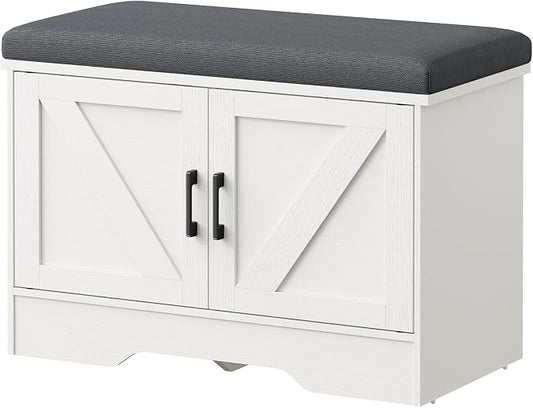 DUMOS 28 Inch Storage Bench, Shoe Organizer Cabinet with Thickened Padded Seat Cushion, Entryway Bench with 2 Doors & Adjustable Shelf for Hallway, Bedroom, Living Room, White