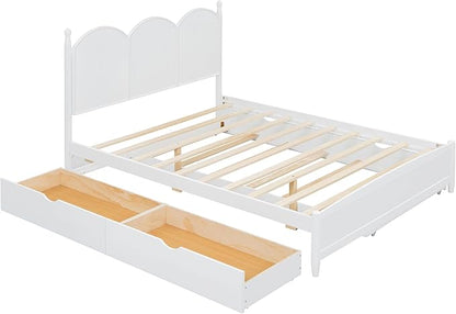 Merax Queen Size Platform Bed with 2 Storage Drawers and Twin XL Size Trundle, Rustic Design Wooden Bed Frame, White
