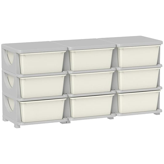 Qaba 3 Tier Kids Storage Unit, Toy Organizers and Storage with 9 Drawer Chest for Kids Bedroom Nursery Kindergarten Living Room for Boys Girls Toddlers, Cream White