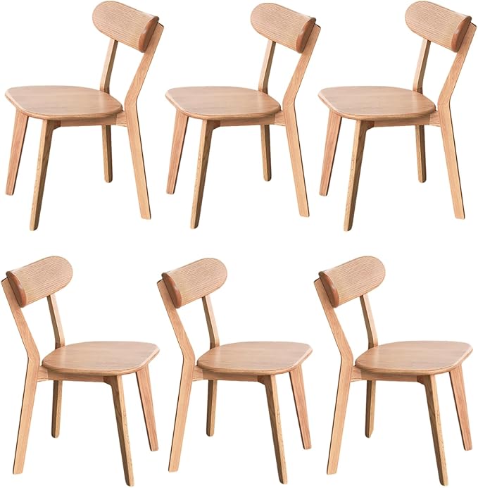 Solid Oak Wood Dining Chairs Set of 6 | Heavy Duty 400 lbs Commercial Grade | Natural Finish | Mid Century Modern Curved Back Wooden Chairs for Home Kitchen Restaurant | Easy Assembly
