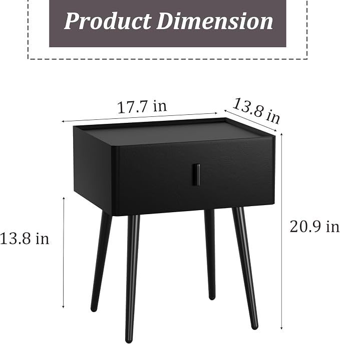 Nightstand Set of 2 with Single Drawer, Leather Side Table, Modern Bedside Table with Metal Legs for Bedroom, Small Accent End Table, Black
