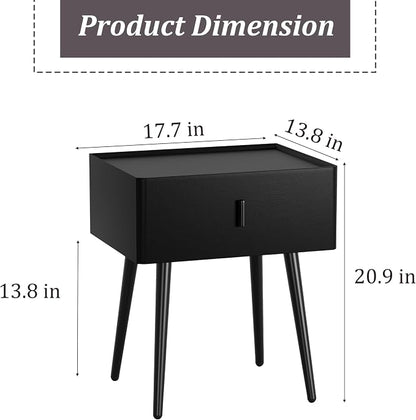 Nightstand Set of 2 with Single Drawer, Leather Side Table, Modern Bedside Table with Metal Legs for Bedroom, Small Accent End Table, Black