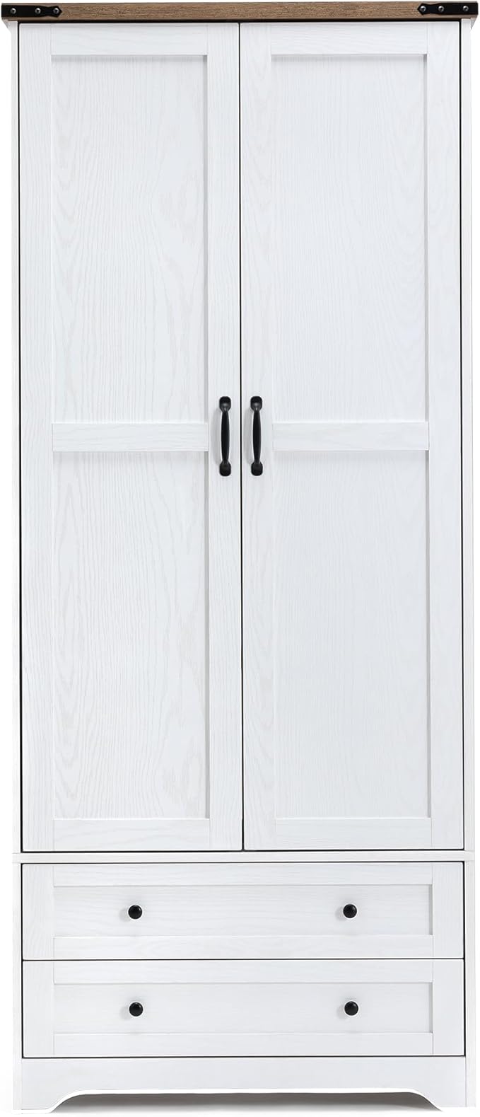 Yechen 71" Wooden Armoire Wardrobe Closet Set of 2- Modern Functional Clothes Tall Storage Cabinet with Adjustable Shelf and Hanging Rail, Sturdy Freestanding Closet with 2 Wide Drawers (White)