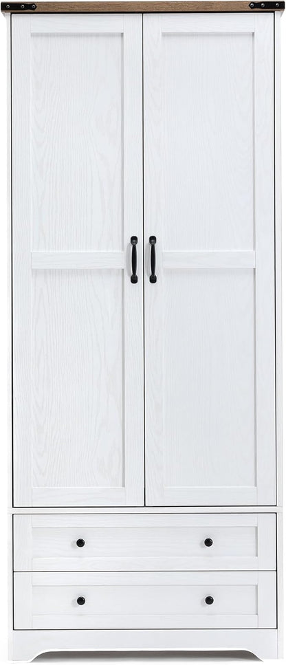 Yechen 71" Wooden Armoire Wardrobe Closet Set of 2- Modern Functional Clothes Tall Storage Cabinet with Adjustable Shelf and Hanging Rail, Sturdy Freestanding Closet with 2 Wide Drawers (White)