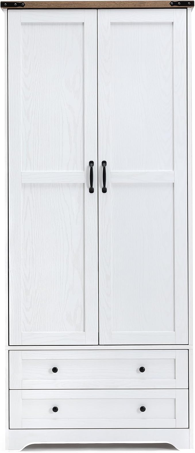 Yechen 71" Wooden Armoire Wardrobe Closet - Modern Functional Clothes Tall Storage Cabinet with Adjustable Shelf and Hanging Rail, Sturdy Freestanding Closet Wardrobe with 2 Wide Drawers for Bedroom
