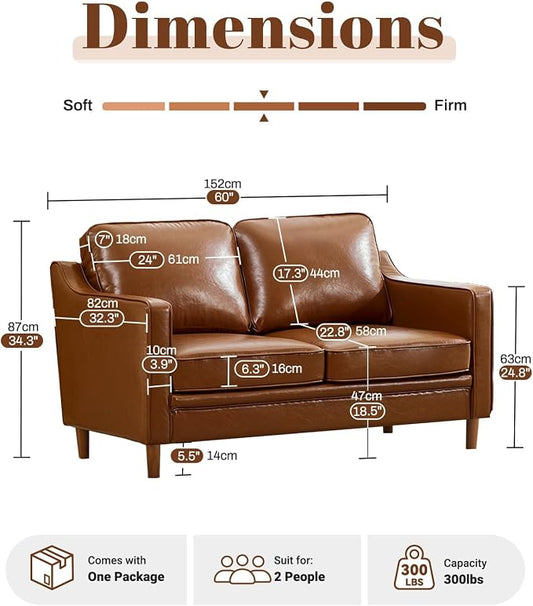 Kingfun 60" Faux Leather Sofa, Loveseat Couch, Mid Century Modern Love Seat Couches with Solid Wood Frame for Living Room Bedroom