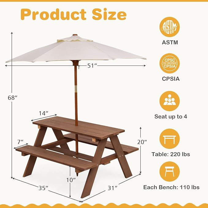 Costzon Kids Picnic Table, Wooden Childrens Table & Bench Set with Removable Umbrella, Kids Patio Furniture for Backyard, Garden, Kids Table and Chair Set for Outdoors (Natural)