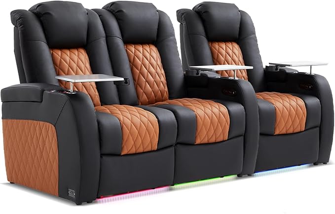 Weilianda Home Theater Seating Top Grain Leather Zero Gravity Recliner Chair Power Headrest Recline Movie Seat Gaming 7 Colors Mood Light Sofa with Tray Table Row of 3 Loveseat Left Black Camel