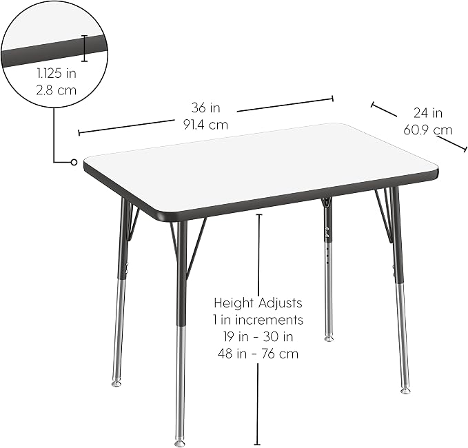 FDP Dry-Erase Rectangle Activity School and Office Table (24 x 36 inch), Standard Legs with Swivel Glides, Adjustable Height 19-30 inches; Quick Ship Single Box - Whiteboard Top and Black Edge