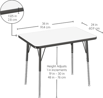 FDP Dry-Erase Rectangle Activity School and Office Table (24 x 36 inch), Standard Legs with Swivel Glides, Adjustable Height 19-30 inches; Quick Ship Single Box - Whiteboard Top and Black Edge