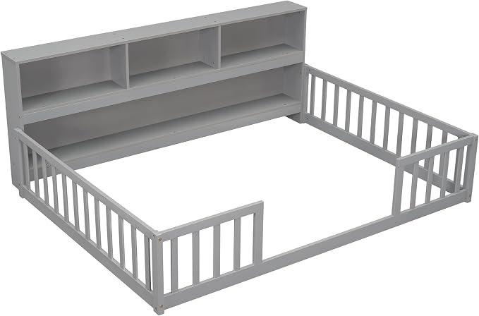 Bellemave Kids Montessori Floor Bed,Full Size Floor Bed with Bookcase and Shelves,Full Bed Frame with Guardrails for Kids,Girls,Boys,Full,Gray