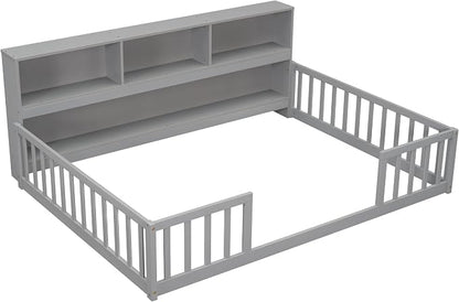 Bellemave Kids Montessori Floor Bed,Full Size Floor Bed with Bookcase and Shelves,Full Bed Frame with Guardrails for Kids,Girls,Boys,Full,Gray
