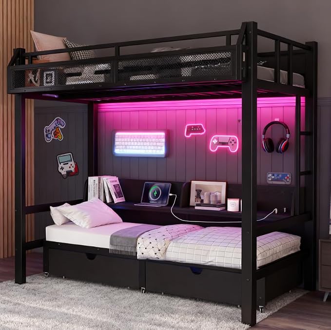 Bellemave Bunk Bed Full Over Full，Metal Bunk beds with Storage Shelves and Drawers USB Ports and LED Lights, Lower Bed That can be Converted into a Sofa, Black