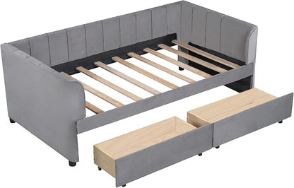 Merax Twin Size Upholstered Daybed with 2 Storage Drawers, Wooden Sofa Bed Frame with Simple Line Design, Grey