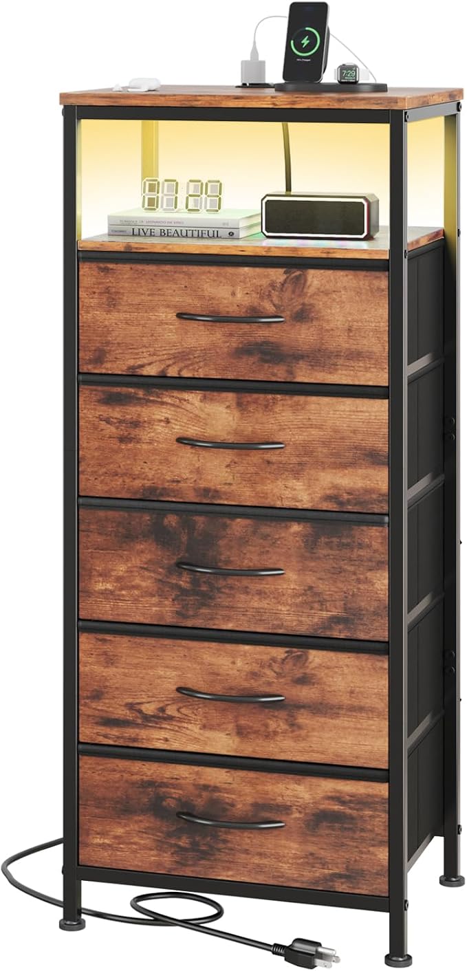 Sweetcrispy Nightstand with Charging Station, Dimmable LED Light Strip, 5 Fabric Storage Drawers, USB-C & AC Outlets, Sturdy Adjustable Feet, Modern Multifunctional Bedside Table, Brown
