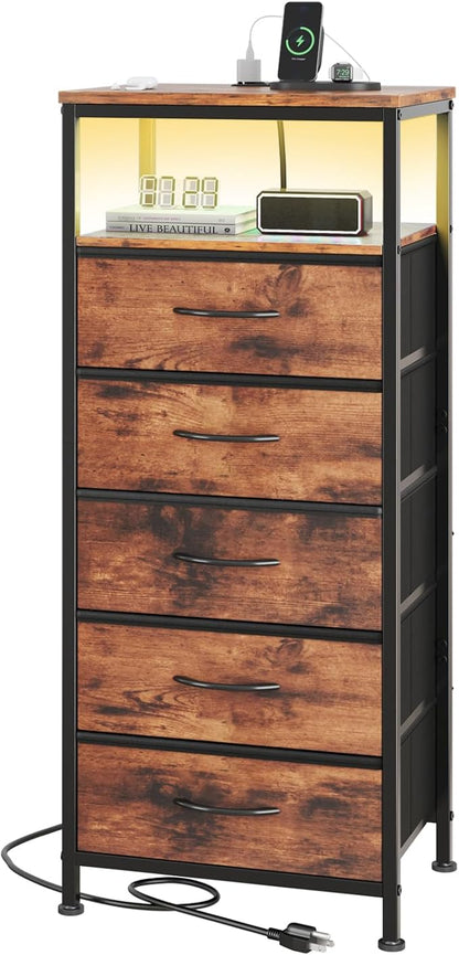 Sweetcrispy Nightstand with Charging Station, Dimmable LED Light Strip, 5 Fabric Storage Drawers, USB-C & AC Outlets, Sturdy Adjustable Feet, Modern Multifunctional Bedside Table, Brown