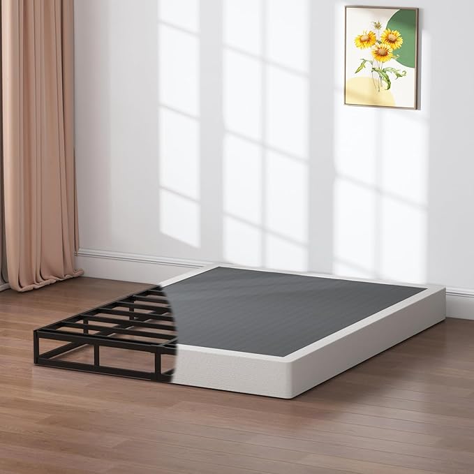 SHLAND Queen Box Spring 7 Inch Low Profile Queen Size Bed Base, 3000 lbs Black Heavy Duty Metal Mattress Foundation with Easy Clean Fabric Cover, Easy Assembly